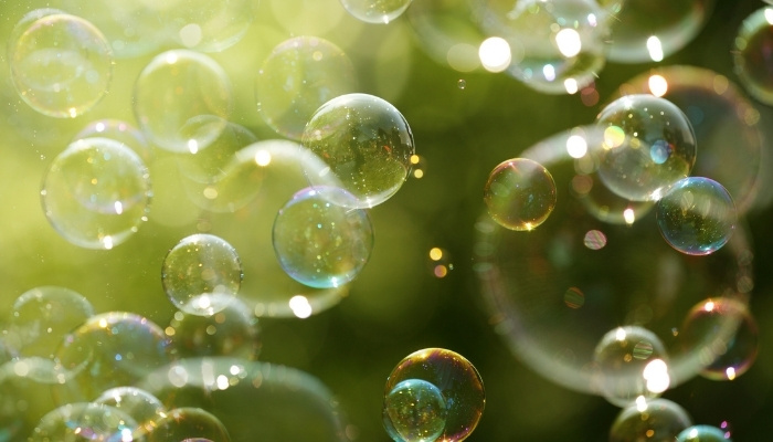Bubbles floating outside backlit by soft sunlight.