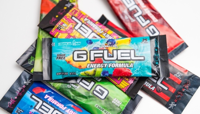 Brightly colored packets of GFuel powder.