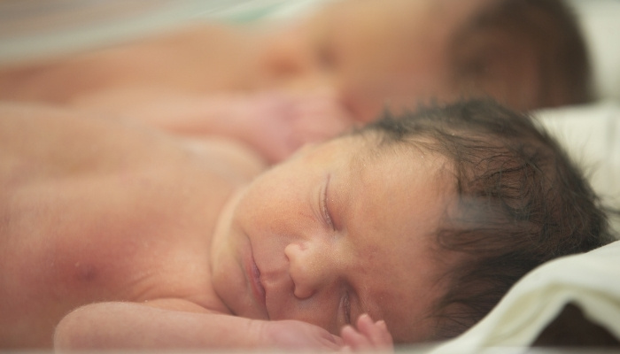 Close-up view of premature twins in hospital bassinet.