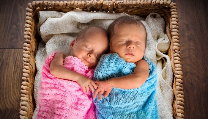 Brother and sister newborn twins wrapped in pink and blue blankets and lying inside a rectangular basket.