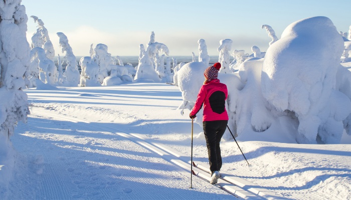 A woman in a dark-pink jacket and hat cross-country skiing through scenic area.